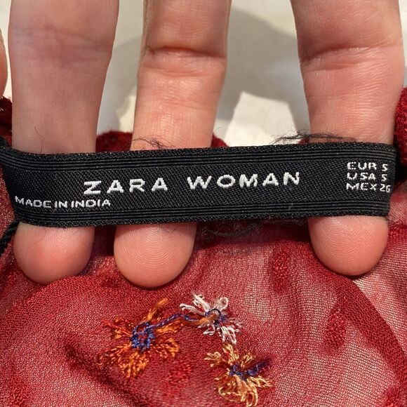 Zara Woman Floral Sequin Dress Embroidered Swiss Dot Burgandy Red Small - Picture 9 of 13